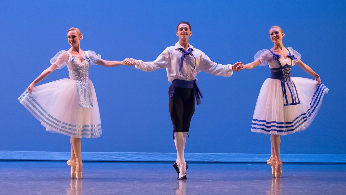 Dustin True flanked by Ashley Millar, left, and Madeline Houk in the "Napoli" excerpt. (Reed Hutchinson / Los Angeles Balley)
