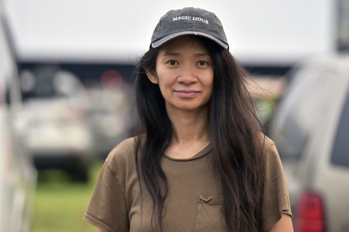 Chloe Zhao attends the Telluride from Los Angeles drive-in screening of "Nomadland" on Friday, Sept. 11, 2020, at the Rose Bowl in Pasadena, Calif. (Richard Shotwell/Invision/AP)