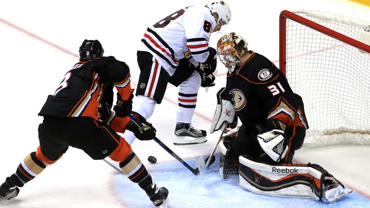 The Duck are likely to be without goalie Frederik Andersen (31) because of illnes when they play Patrick Kane (8) and the Blackhawks on Friday.