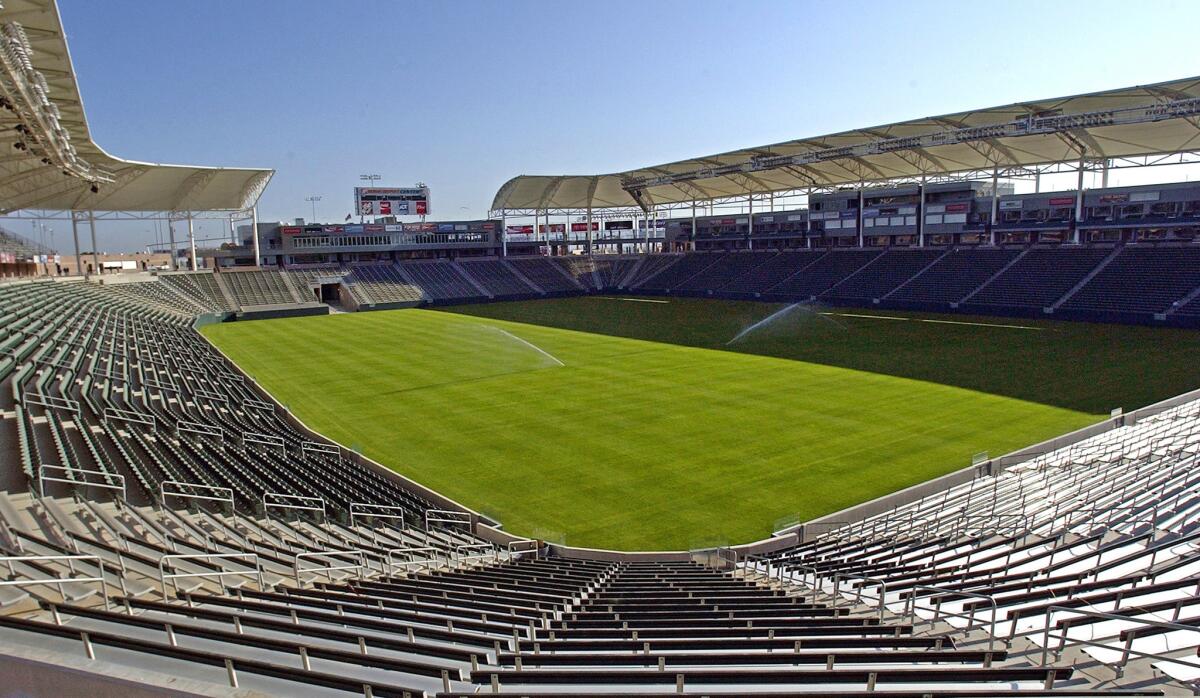 FILE - This May, 2003 file photo shows what was then known as Home Depot Center, renamed in June of that year to StubHub Center, In Carson, Calif. Currently home to the MLS Los Angeles Galaxy soccer team, StubHub Center will become the temporary home of the Los Angeles Chargers NFL football team when it moves to Los Angeles in the fall of 2017. (AP Photo/Mark J. Terrill, File)