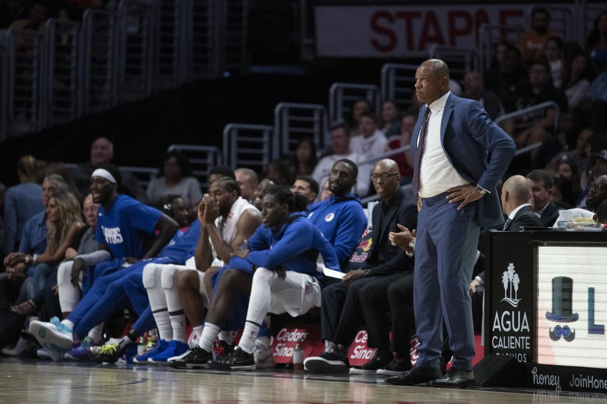 Clippers head coach Doc Rivers in a preseason game against the Denver Nuggets at Staples Center om Thursday.