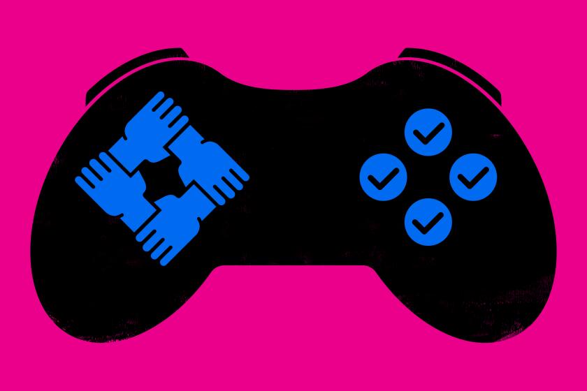 Illustration of a video game controller with labor union symbol of interlocked hands and checkmarks as buttons.