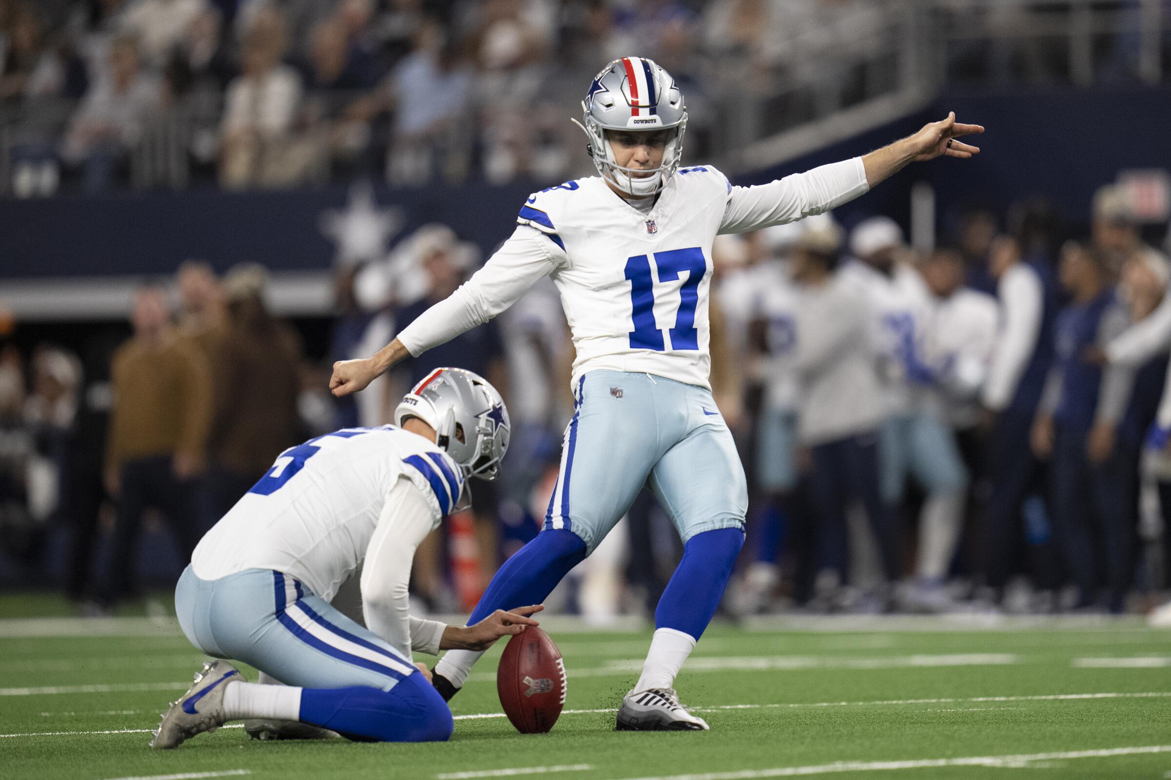 Brandon Aubrey kicks an extra-point attempt during the Dallas Cowboys' win over the New York Giants on Nov. 12.