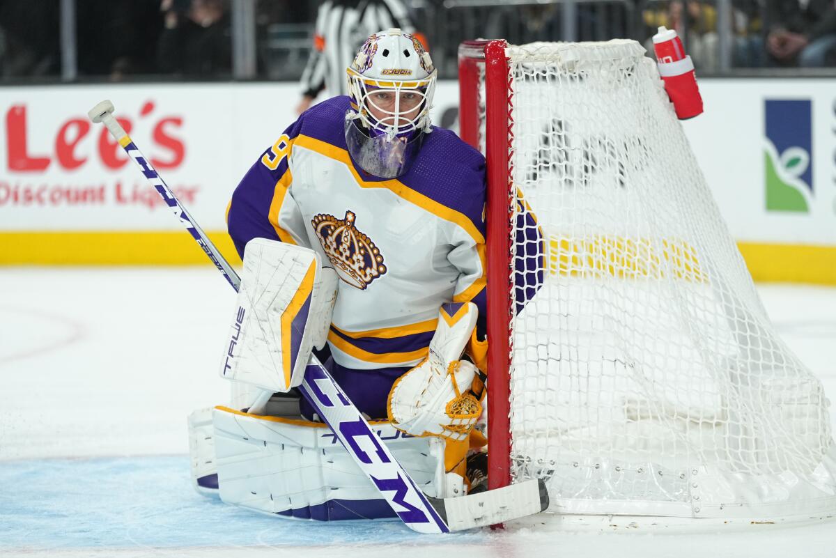 Kings goalie Pheonix Copley tends net during the third period against the Golden Knights on Jan. 07, 2023.