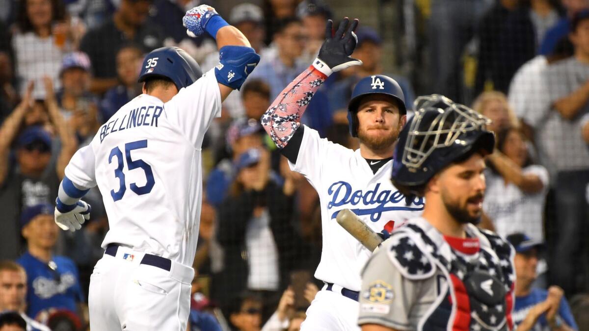 Cody Bellinger, left, celebrates with teammate Max Muncy after hitting a solo home run during the sixth inning of the Dodgers' 5-1 victory over the San Diego Padres on Thursday. Is this the best Dodgers team in 31 years?