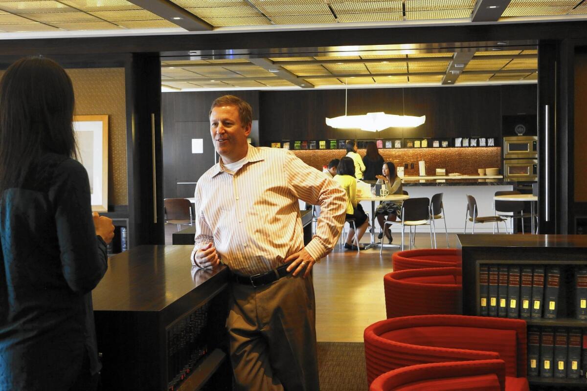 Managing partner Gregory Koltun in law firm Morrison & Foerster's "loungebrary," named for its combined function as lounge and library.