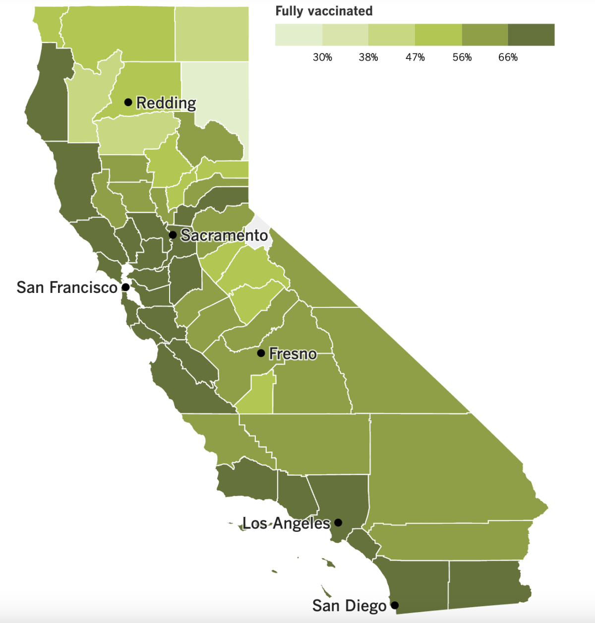 A map showing California's COVID-19 vaccination progress by county as of Feb. 28, 2023.