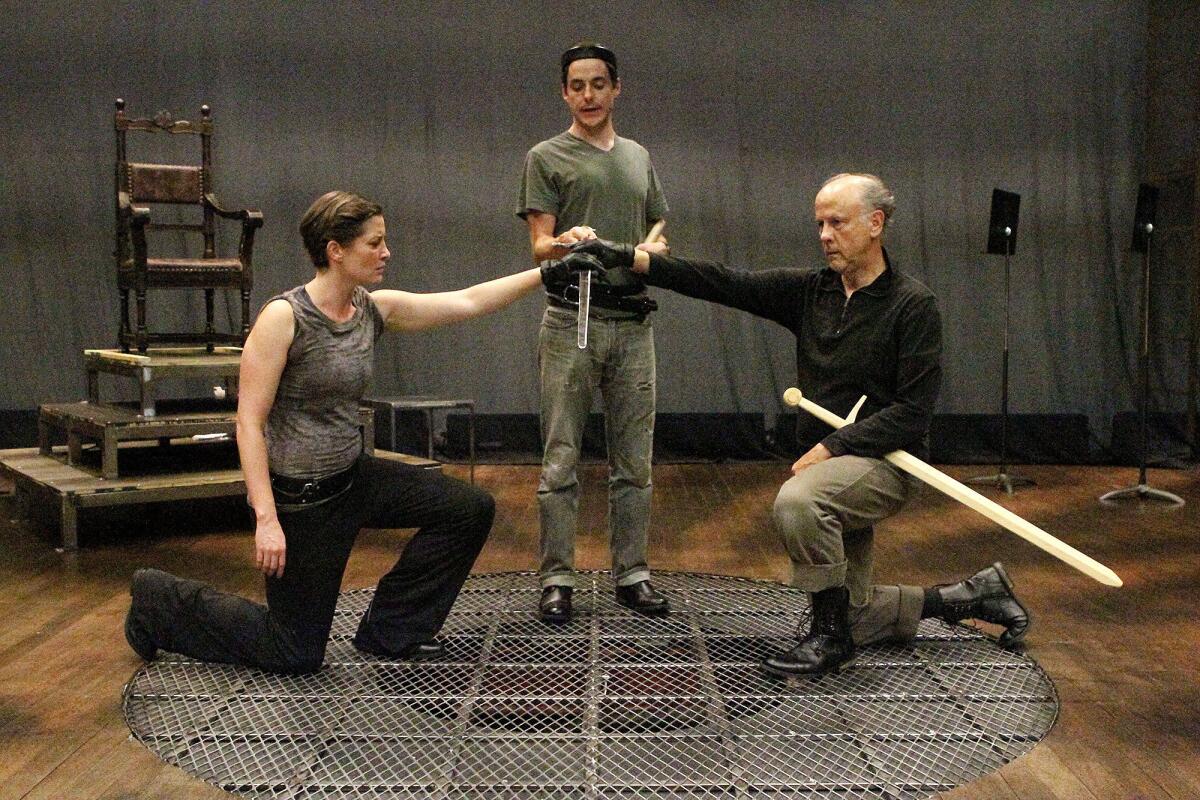 Paige Lindsey White, John Sloan and James Ortlieb at an early rehearsal of "R II" at Boston Court in Pasadena on Tuesday, August 27, 2013. The play is an adaptation of Shakespeare's "Richard II" as a three-character play.