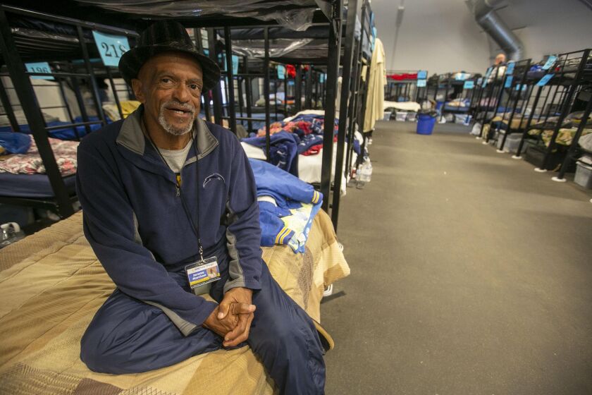 60 year-old Jerome Morrison, who grew up in San Diego and graduated from Lincoln High School, is currently stating at the Alpha Project homeless bridge shelter in downtown San Diego on February 18, 2020. Now clean from a lifetime of drugs, alcohol and broken relationships he is working part time while staying at the shelter, waiting for housing to open up. " It's been a long, hard, 30 years. I never had anyone to steer me in the right direction." "I learned through a lot of bad connections how to live terribly." " This place (Alpha Project) has been monumental in helping me connect to a job." Talking about his future and what he wants to do, which is help others through homelessness and drugs "Who's going to reliably help them but people like myself." When asked about what could more State funding be used for he said, "More money for housing and programs for jobs. Programs to get people focused again."