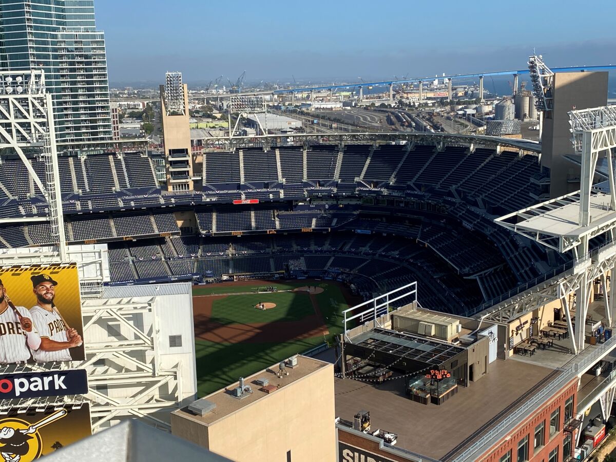 View of Petco Park from the rooftop of the San Diego Marriott Gaslamp Quarter.