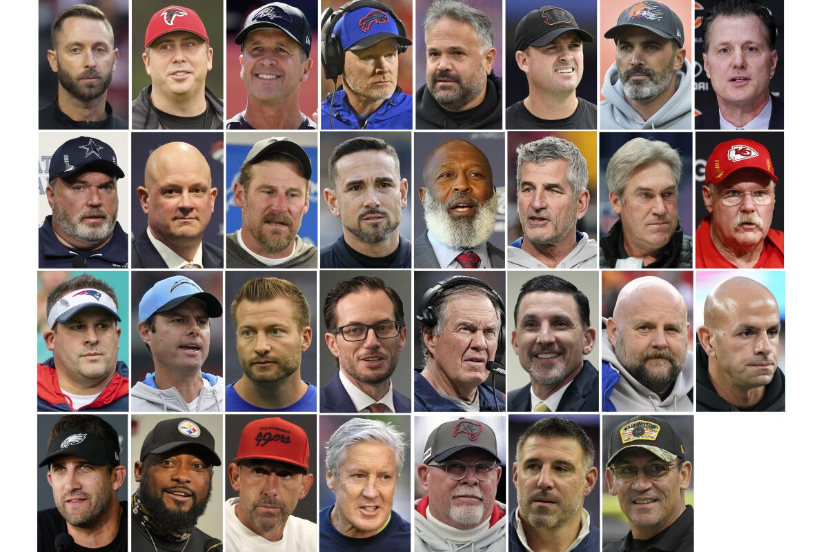 FILE - These are 31 of the 32 NFL football team head coaches as of Feb. 10, 2022. The Minnesota Vikings head coaching position is currently vacant. Top row from left are Cardinals' Kliff Kingsbury, Falcons' Arthur Smith, Ravens' John Harbaugh, Bills' Sean McDermott, Panthers' Matt Rhule, Bengals' Zac Taylor, Browns' Kevin Stefanski and Bears' Matt Eberflus. Second row from left are Cowboys' Mike McCarthy, Broncos' Nathaniel Hackett, Lions' Dan Campbell, Packers' Matt LaFleur, Texans' Lovie Smith, Colts' Frank Reich, Jaguars' Doug Pederson and Chiefs' Andy Reid. Third row from left are Raiders' Josh McDaniels, Chargers' Brandon Staley, Rams' Sean McVay, Dolphins' Mike McDaniel, Patriot's Bill Belichick, Saints' Dennis Allen, Giants' Brian Daboll and Jets' Robert Saleh. Bottom row from left are Eagles' Nick Sirianni, Steelers' Mike Tomlin, 49ers' Kyle Shanahan, Seahawks' Pete Carroll, Buccaneers' Bruce Arians, Titans' Mike Vrabel and Commanders' Ron Rivera. (AP Photo/File)
