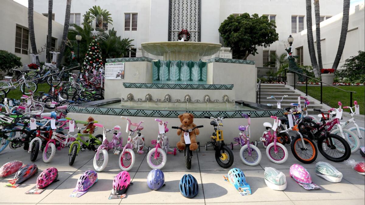 Burbank Bike Angels held a press conference to show off dozens of bicycles, in front of City Hall in Burbank on Tuesday, Dec. 18, 2018. The bikes, which were collected throughout the year and refurbished by volunteers, will be donated to need children in the area.