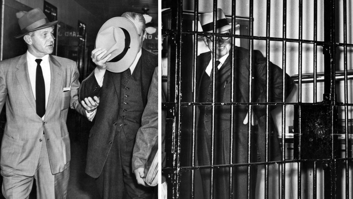 April 25, 1956: Left, L. Ewing Scott shields his face from photographers with his hat. The next day, Scott, right, chats with police, not noticing a miniature camera capturing his image.