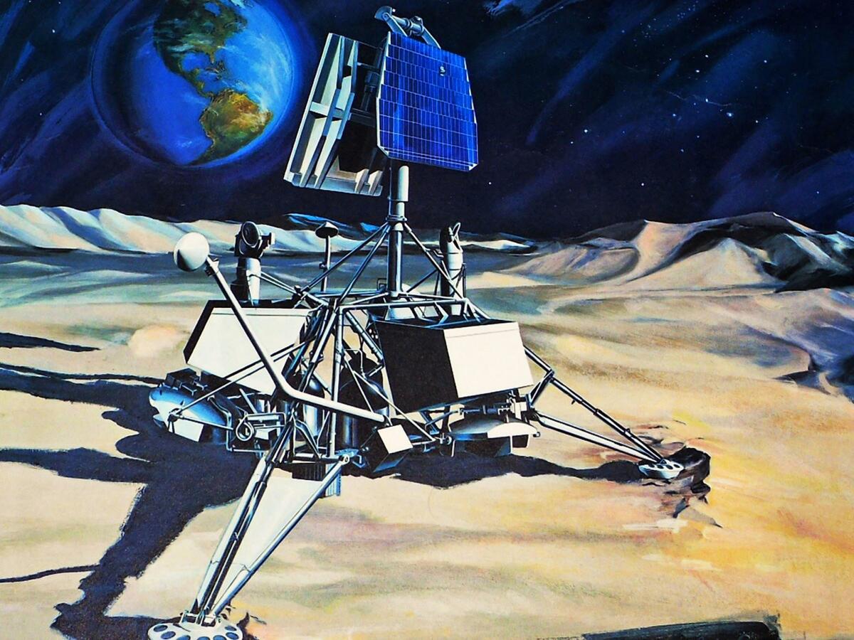 Artist drawing of Surveyor I on the lunar surface. This image was created by Hughes Aircraft artist Carlos Lopez and used in a Surveyor poster.