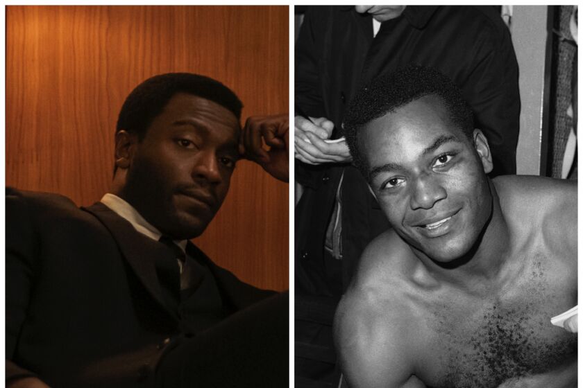  A diptych of a movie still featuring Aldis Hodge as Jim Brown in "One Night in Miami" and a 1964 photograph of Jim Brown. 
