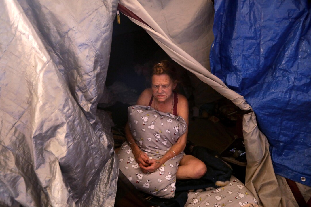 Peggy Repreza in the encampment she shares with her ex-husband and son under the 134 in North Hollywood.