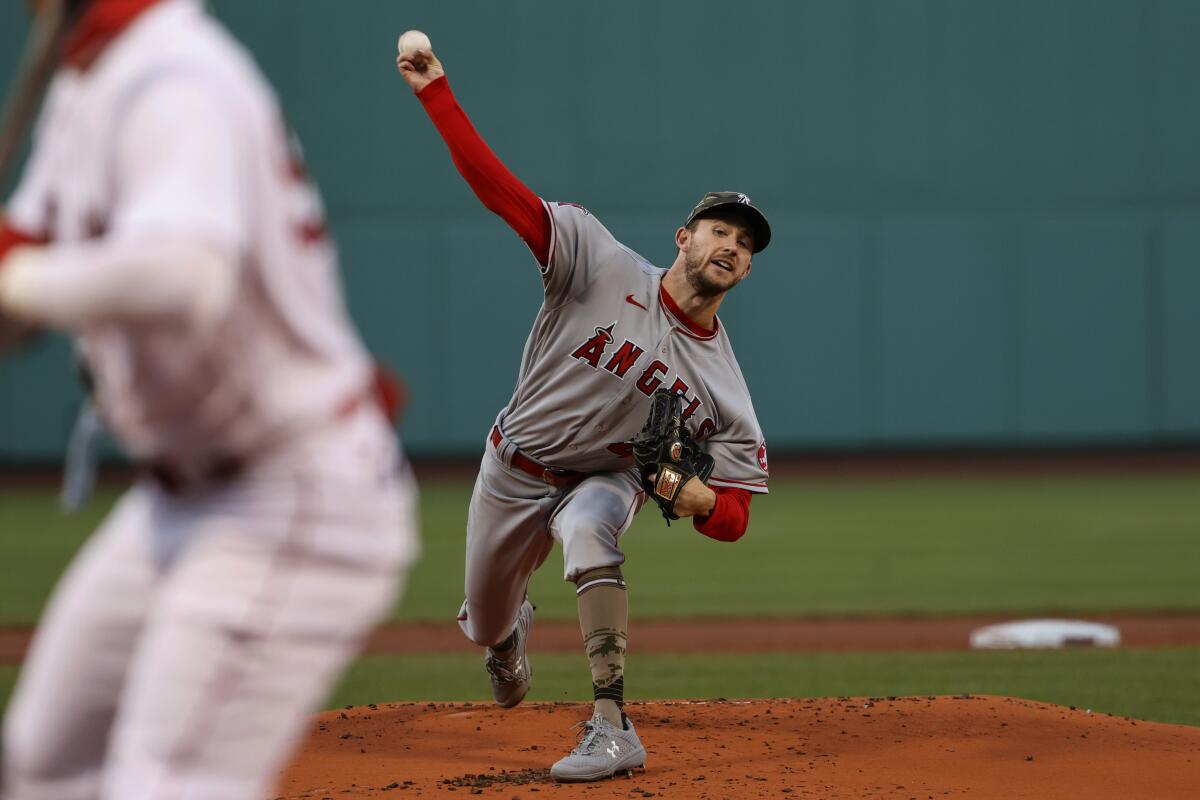Angels pitcher Griffin Canning delivers against the Boston Red Sox during the first inning May 14, 2021.