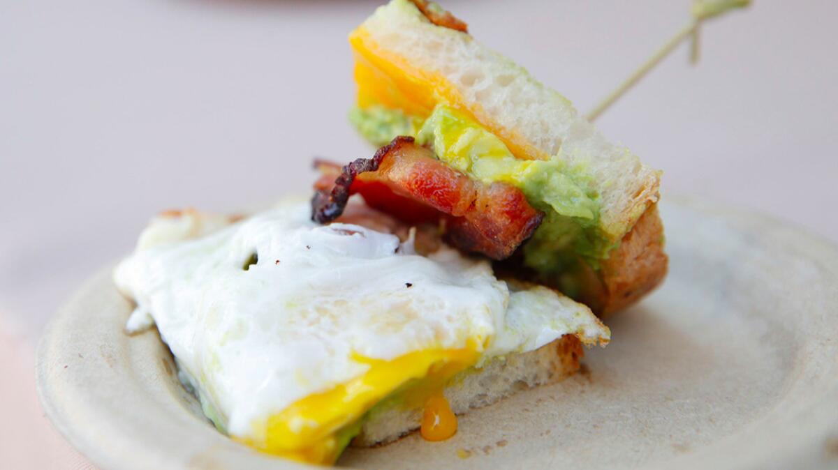 The Hudson breakfast sandwich -- made with bacon, fried egg, cheddar cheese and avocado -- is displayed during the Sunday Brunch and BBQ afternoon of the Los Angeles Times' Taste event at the Paramount Studios backlot last year.