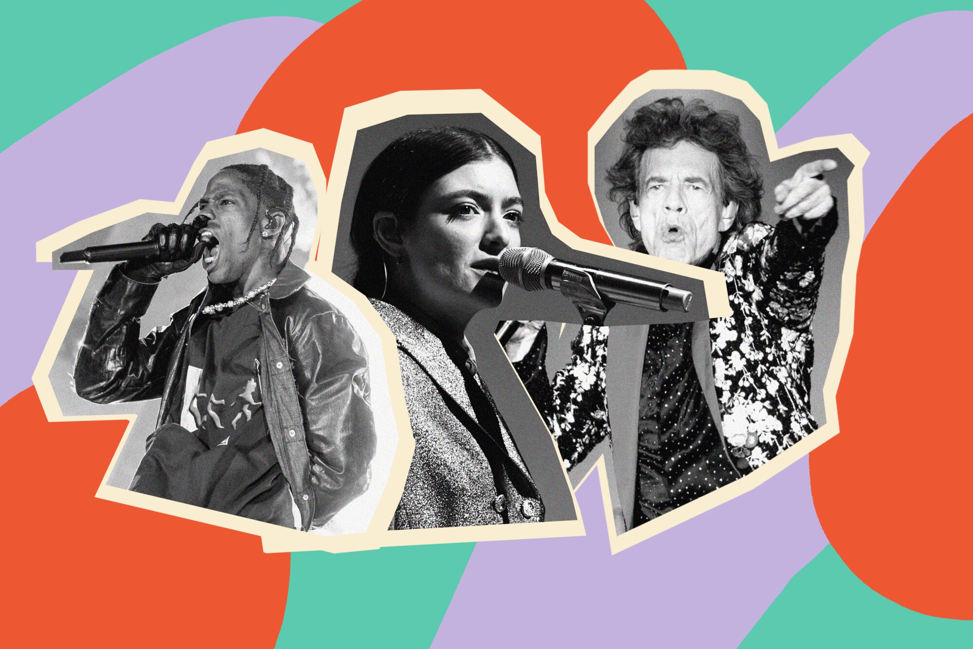 Photo collage of Travis Scott, Lorde and Mick Jagger