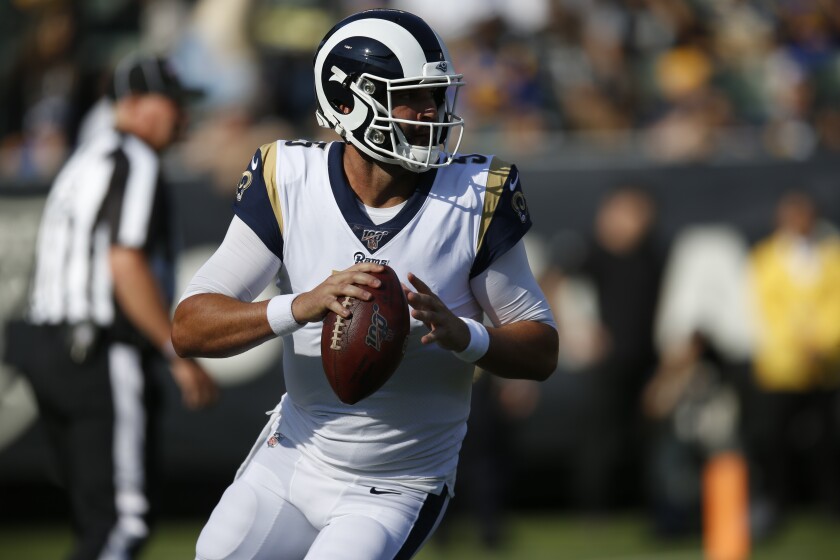 Rams quarterback Blake Bortles looks to pass against the Raiders during a preseason game Aug. 10 in Oakland.