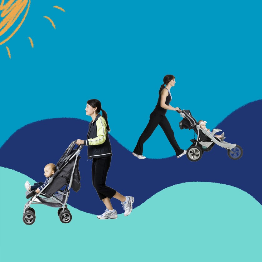 Two people, each pushing a child in a stroller