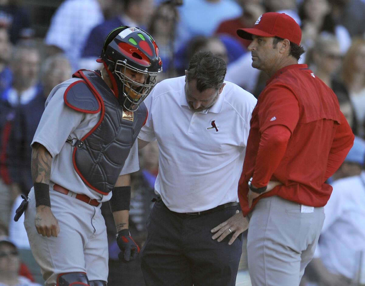 Cardinals catcher Yadier Molina is examined by a trainer after injuring his thumb while tagging out Cubs' runner Anthony Rizzo at home plate.