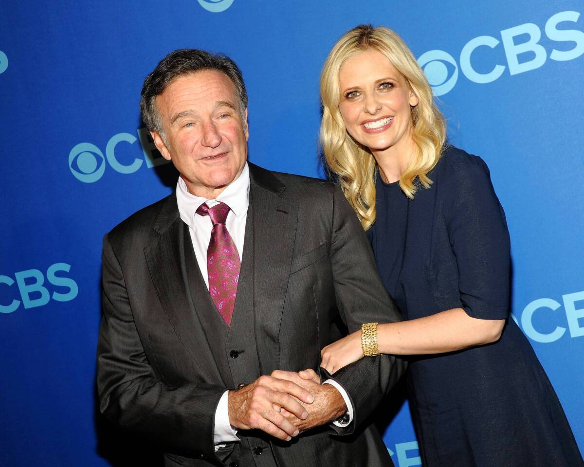 Robin Williams and Sarah Michelle Gellar of "The Crazy Ones" attend CBS 2013 Upfront Presentation in New York City.