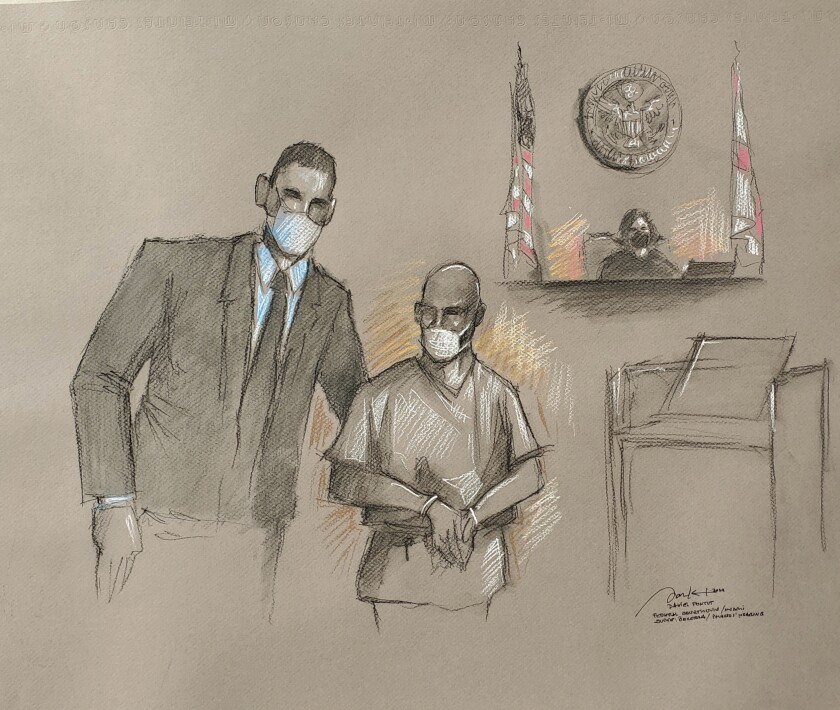 Esta representación artística muestra a Mario Antonio Palacios Palacios con su abogado Alfredo Izaguirre 