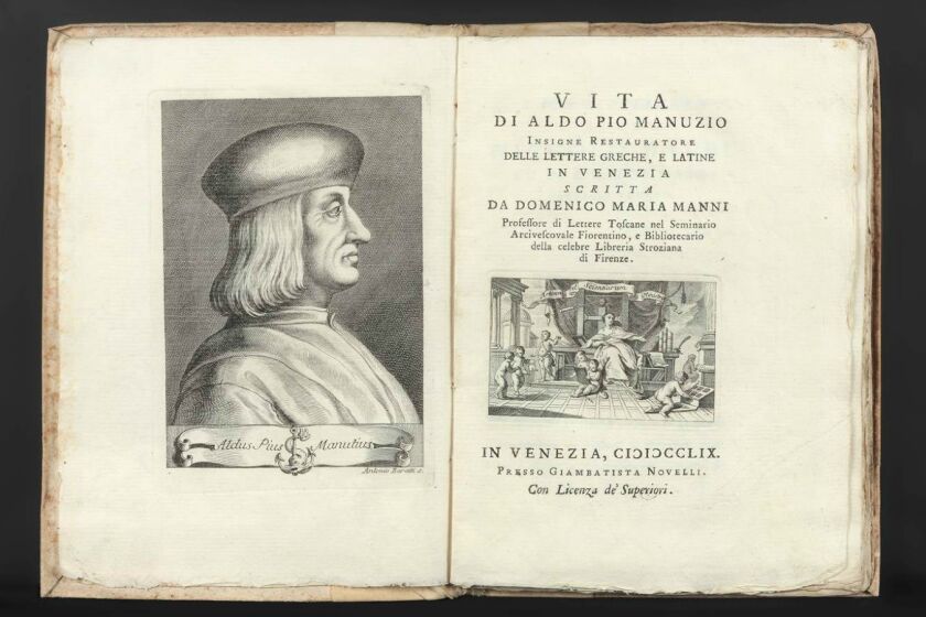 He had a bigger impact on text than video will: The title page of a biography of Aldus Manutius, the Renaissance Venetian printer who invented the pocket-sized book, is seen here..