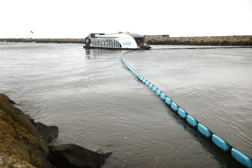 LOS ANGELES-CA-JANUARY 4, 2023: An interceptor, made by the Dutch nonprofit The Ocean Cleanup, serves as a last line of defense against trash flowing into the Pacific Ocean by way of Ballona Creek on Wednesday, January 4, 2023. (Christina House / Los Angeles Times)