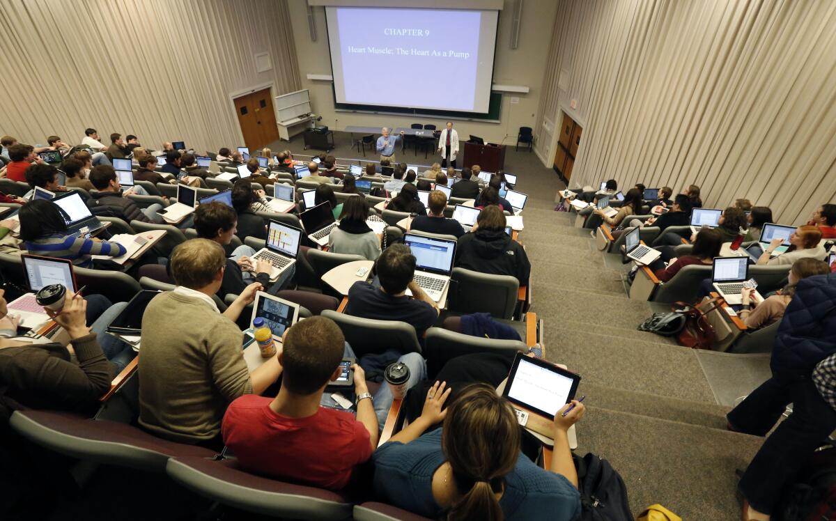 A view from behind of students, with laptops, crammed into a lecture hall and a professor lecturing in front of a screen
