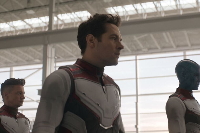 L to R: Hawkeye/Clint Barton (Jeremy Renner), Ant-Man/Scott Lang (Paul Rudd) and Nebula (Karen Gillan) in Marvel Studios' "AVENGERS: ENDGAME" movie. Photo: Film Frame ?Marvel Studios 2019
