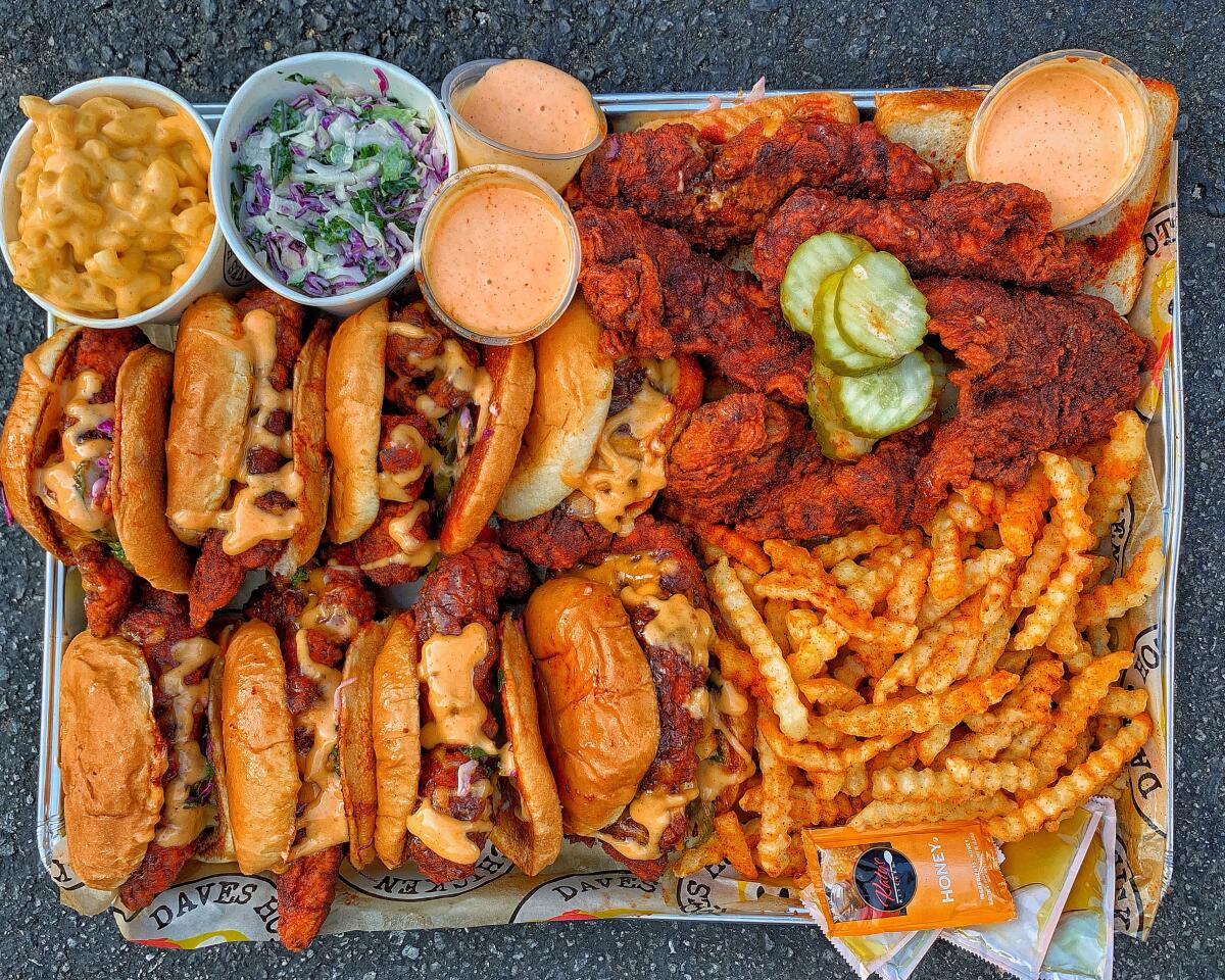 Fried chicken, sandwiches and french fries from Dave's Hot Chicken