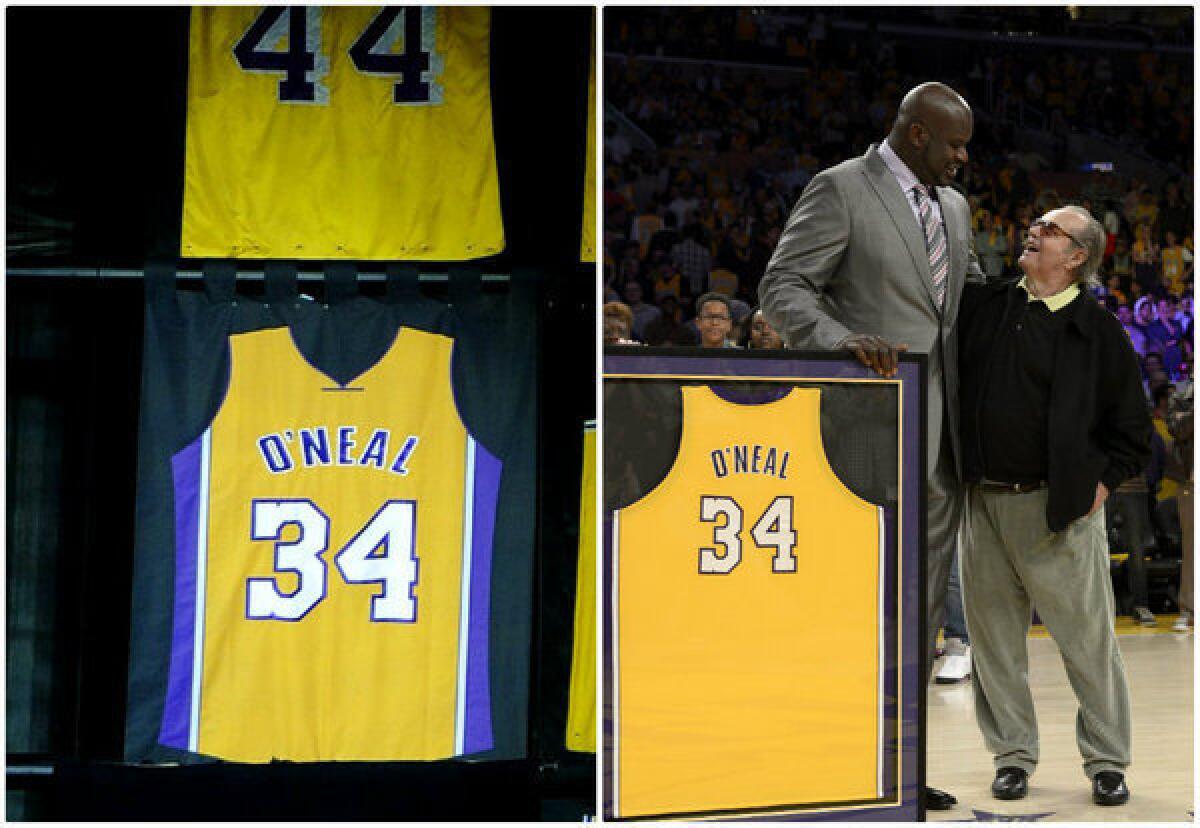 The version of Shaquille O'Neal's jersey revealed near the rafters of Staples Center, left, was slightly different from the one he poses with at right, with Jack Nicholson far right.