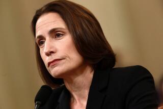 WASHINGTON, DC - NOVEMBER 21-- Fiona Hill, the former top Russia expert on the National Security Council testifies during the House Intelligence Committee hearing as part of the impeachment inquiry into US President Donald Trump on Capitol Hill in Washington, DC on November 21, 2019. (Kirk McKoy / Los Angeles Times)