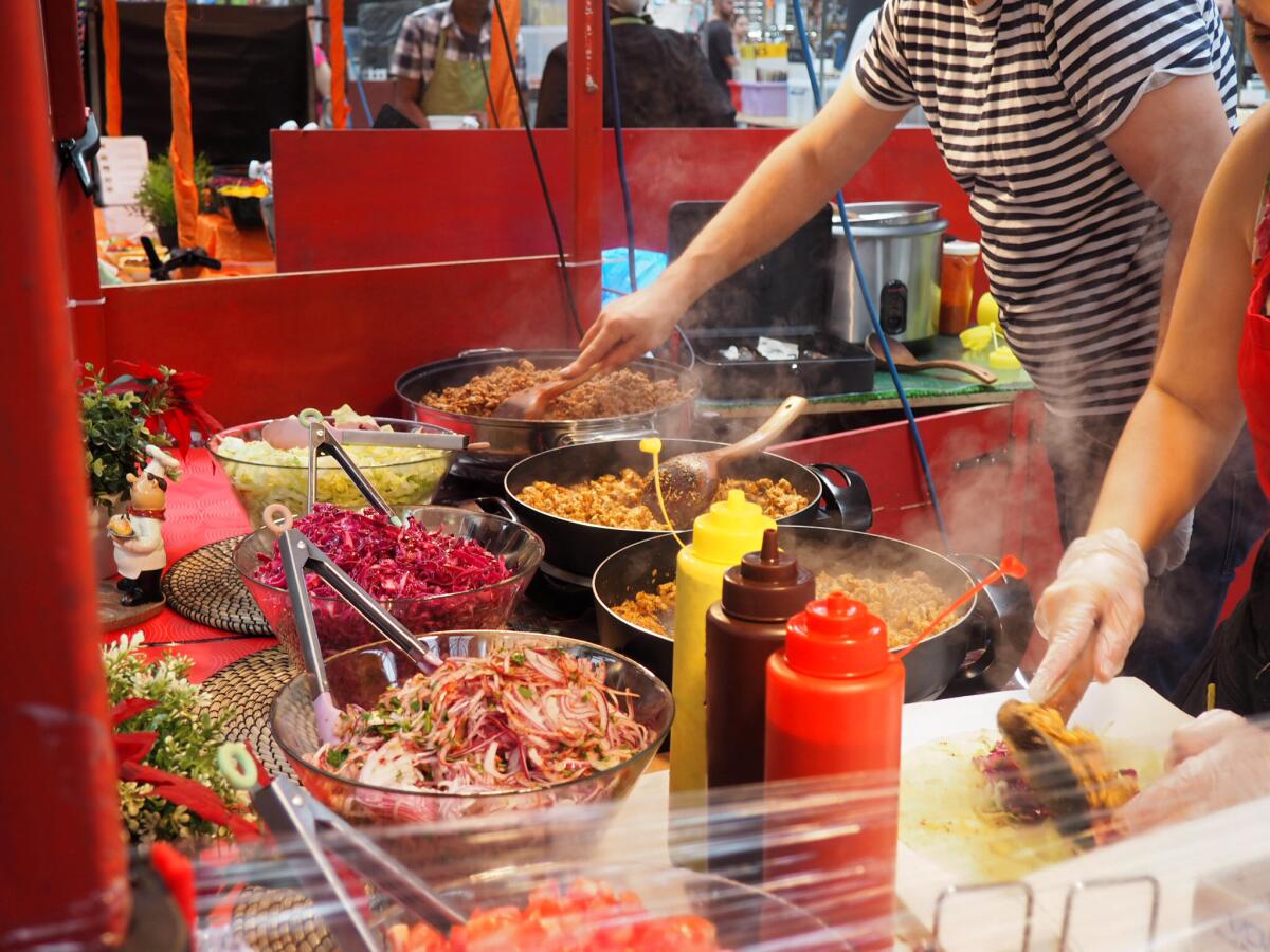 A selection of dishes from Habesha Ethiopian and Eritrean Kitchen at Old Spitalfields Market in London.