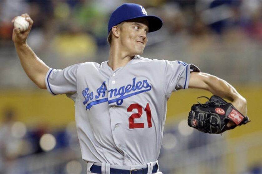 Dodgers right-hander Zack Greinke gave up one run on six hits through eight innings in the Dodgers' 4-1 victory over the Miami Marlins on Wednesday.