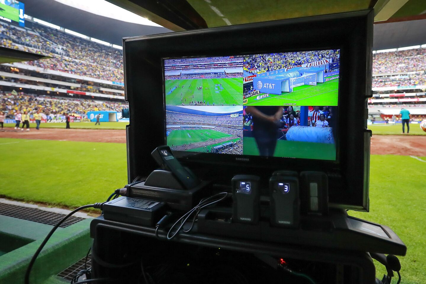 View of the VAR equipment which is being tested to be used in Liga MX during the 11th round match between America and Chivas as part of the Torneo Apertura 2018 Liga MX at Azteca Stadium on September 30, 2018 in Mexico City, Mexico.