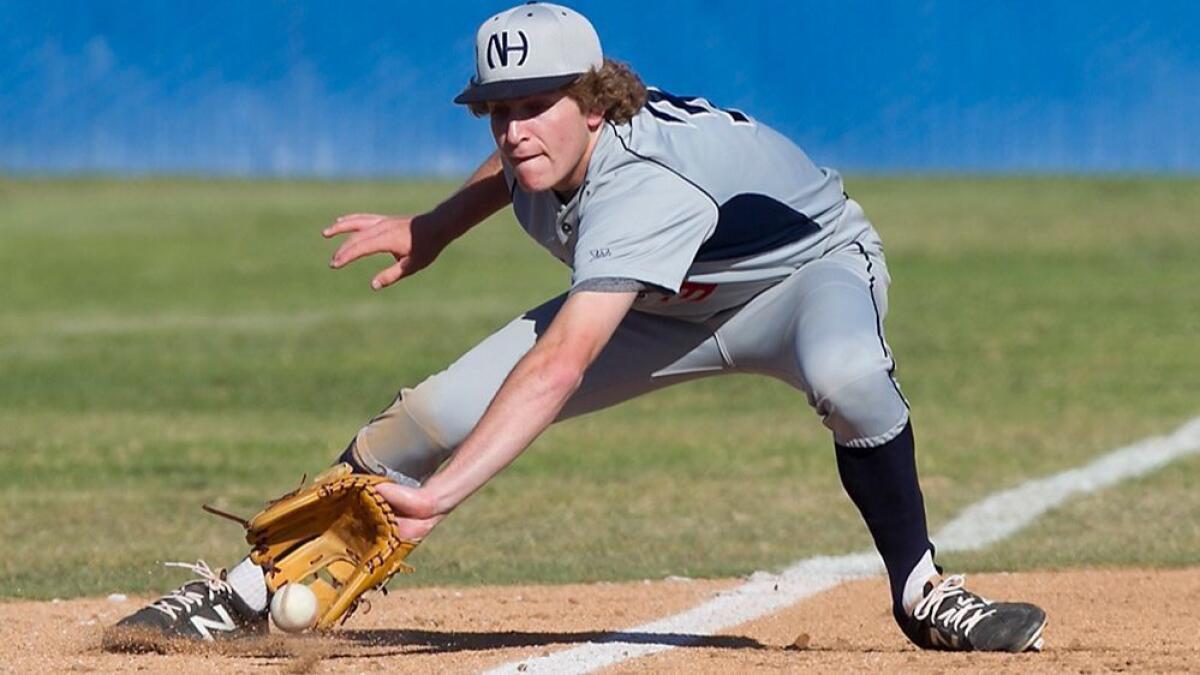 Newport Harbor High's AJ Stefano, pictured here on March 29, 2017, went two for three with three runs batted in and two doubles in the Sailors' 9-1 win over Long Beach Poly on Thursday.