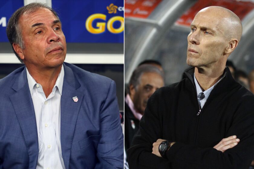 New England Revolution coach Bruce Arena, left, and LAFC coach Bob Bradley consider themselves both friends and rivals.