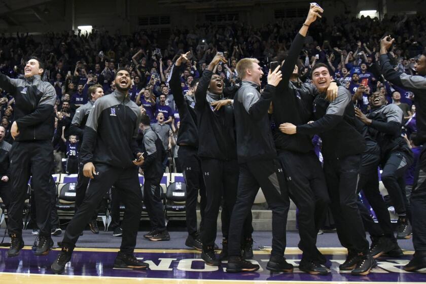 Northwestern players and fans react on March 12 after the Wildcats were selected to play in the NCAA tournament for the first time.