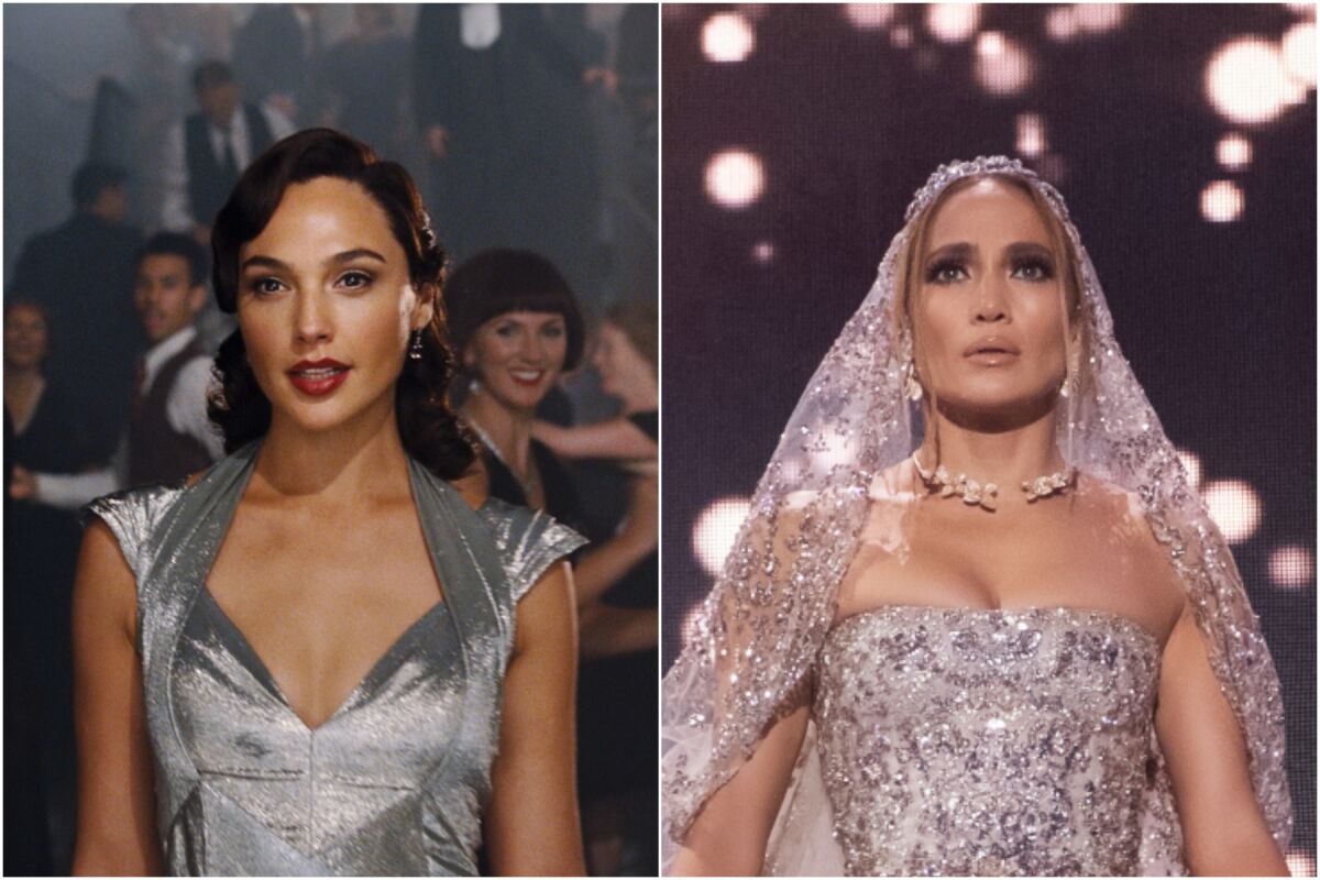 A split image of Gal Gadot in a silver dress, left, and Jennifer Lopez in a sparkly veil and dress