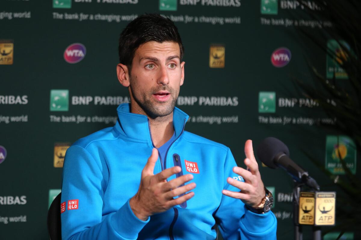 Novak Djokovic of Serbia talks to reporters during a news conference before his start of play at the BNP Paribas Open in Indian Wells on March 11.