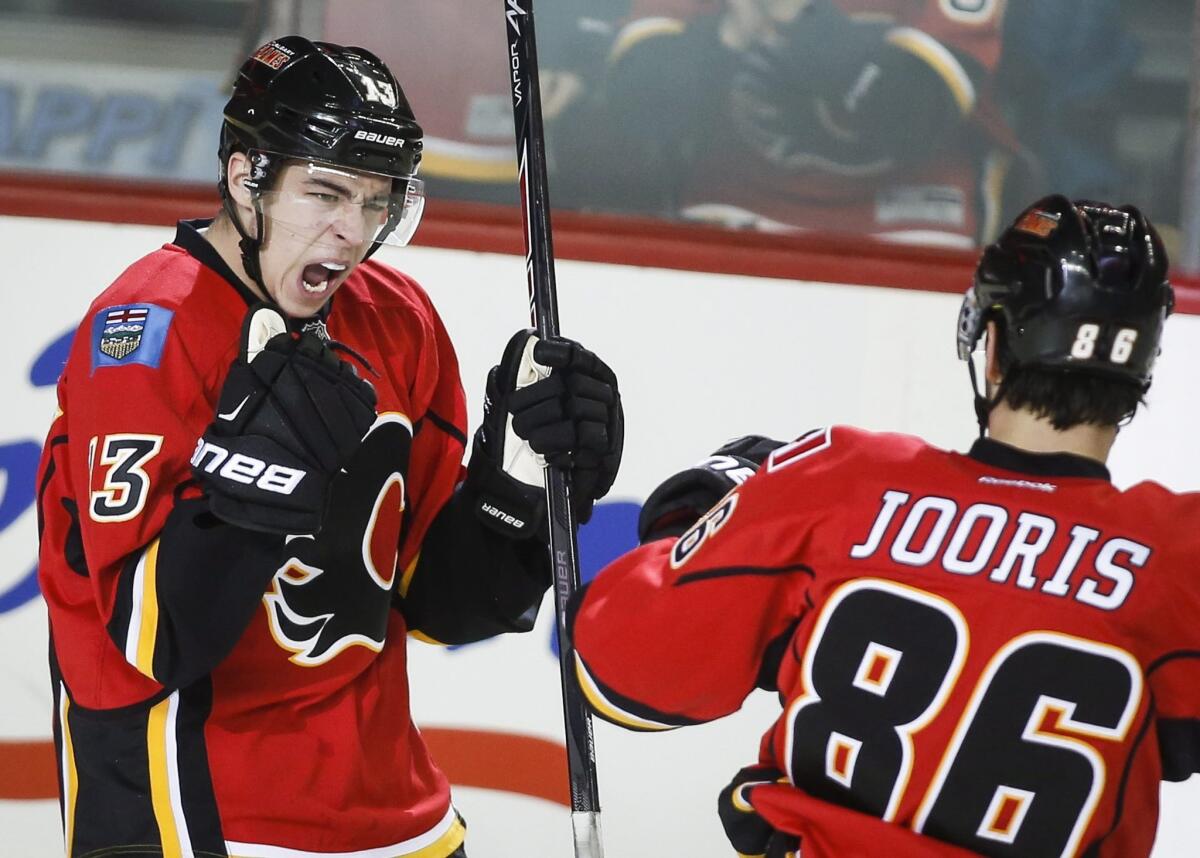 Calgary forward Johnny Gaudreau, left, had two goals against the Ducks in the Flames' 6-3 victory Wednesday over Anaheim.