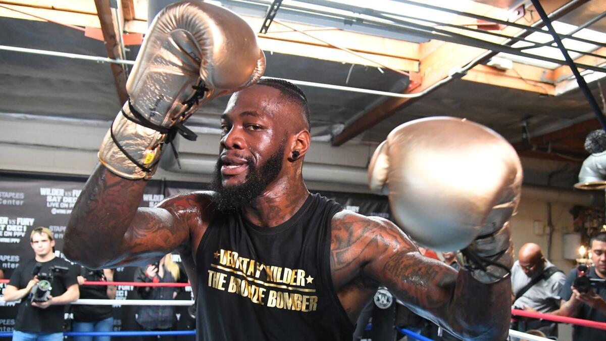 WBC heavyweight champion Deontay Wilder works out for reporters Nov. 5 in Santa Monica.