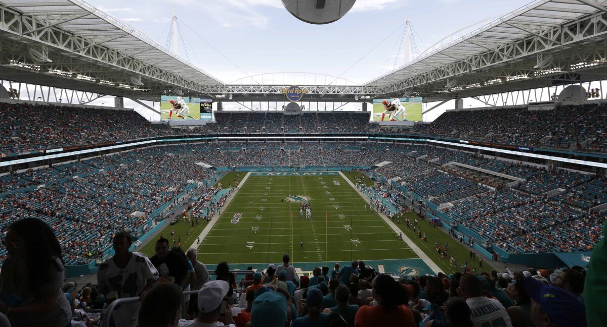 Hard Rock Stadium is seen during the second half of an NFL game between the Miami Dolphins and the Cleveland Browns.