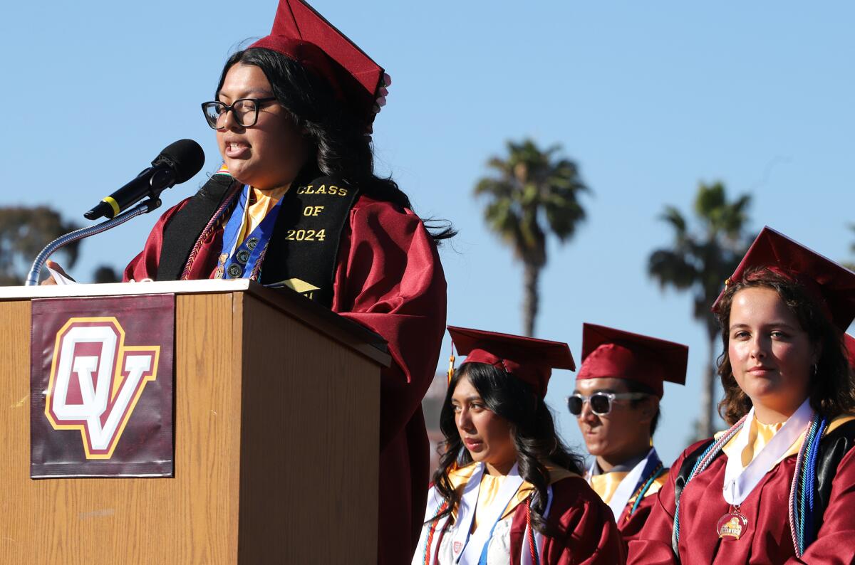 Ocean View senior class president Janeth Beltran delivers a speech during the commencement ceremony on Wednesday.