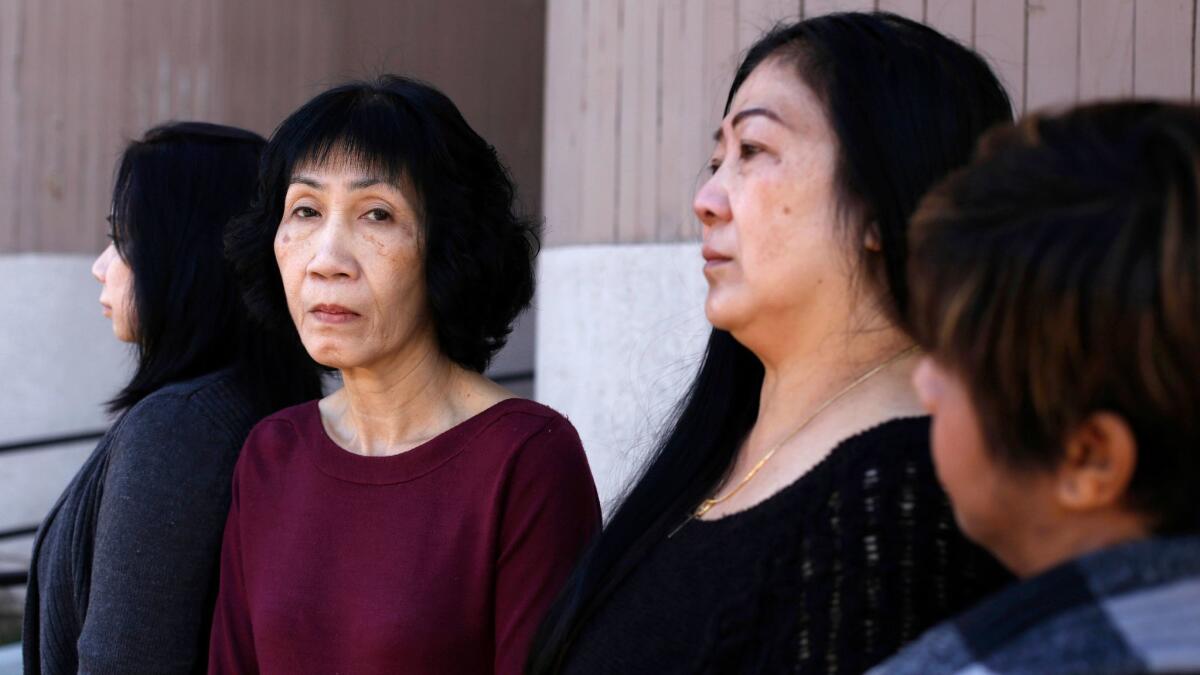 Tuyet Mai Nguyen, left, Trinh Truong, Thu Hang Pham and Jenny Hoang are suing the owners of Tustin Nailspa in Orange, alleging that they were forced to work overtime but paid for only eight hours.