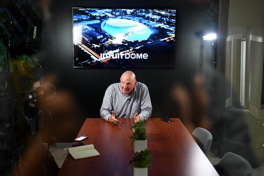 Los Angeles, CA. September 16, 2021: Clippers owner Steve Ballmer taels with the media after a virtual tour of the Intuit Dome, the future home of the Los Angeles Clippers. (Wally Skalij/Los Angeles Times)