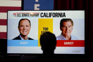 Photos of U.S. Rep. Adam Schiff, D-Calif., at left, a U.S Senate candidate, and his Republican opponent Steve Garvey flash on a television screen during an election night party for Schiff, Tuesday, March 5, 2024, in Los Angeles. (AP Photo/Jae C. Hong)